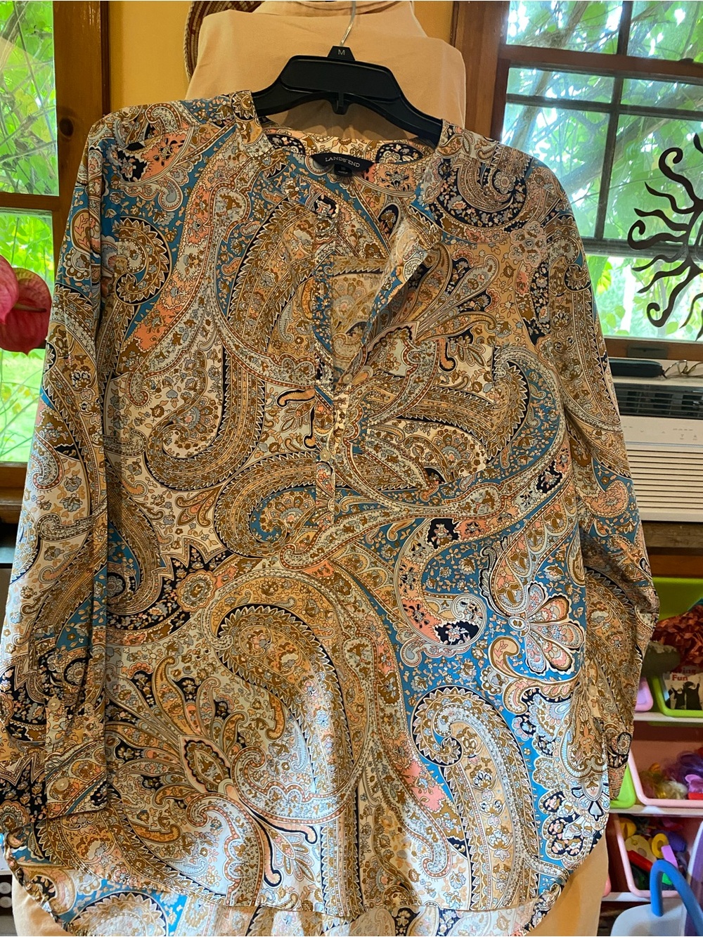 Lands' End womans Paisley Button-Down Shirt in Blue, Tan, and Cream